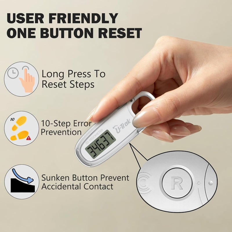 UTrak 3D Pedometer for Walking with Removable Clip and Carabiner Simple Step Counter for Walking Accurate Clip On Step Tracker for Men Women Kids - Image 4